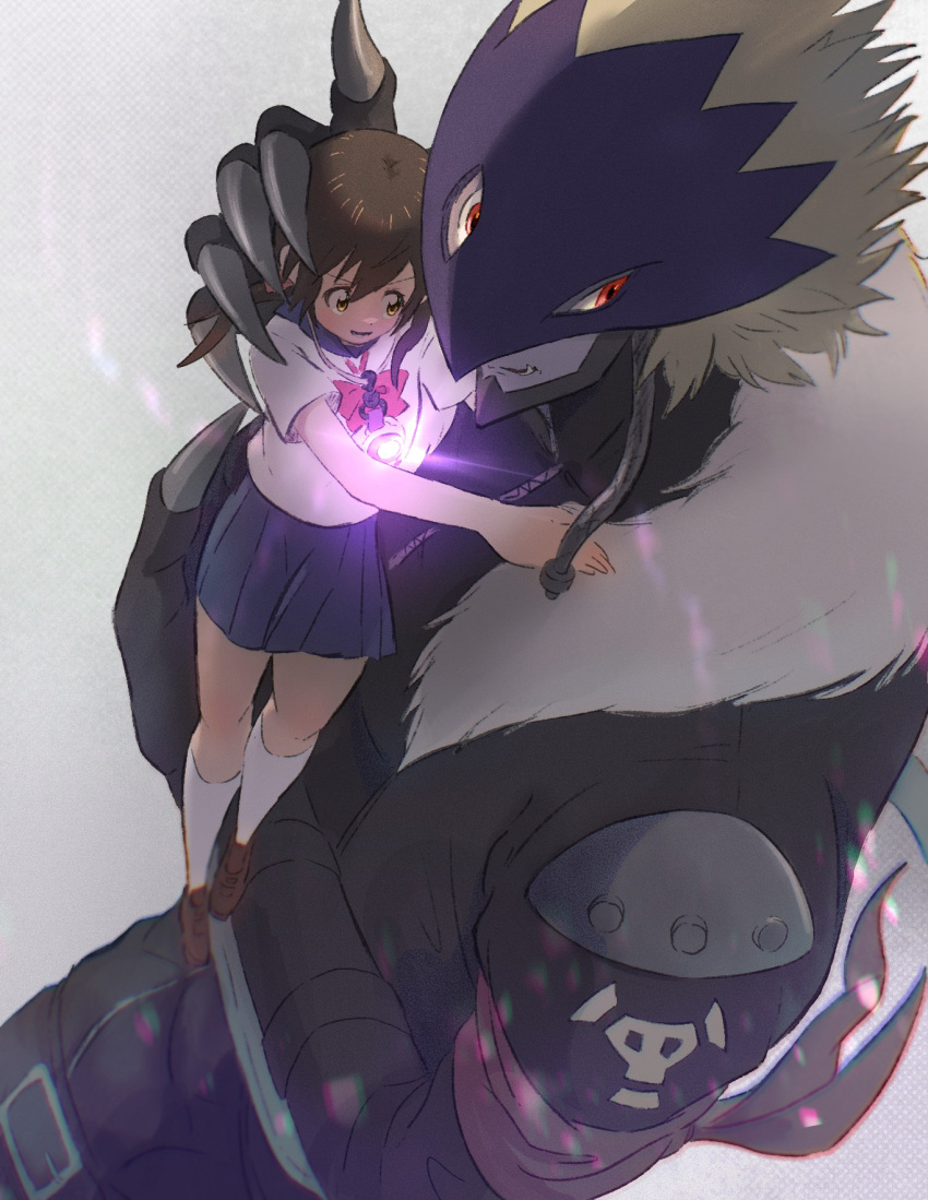 1boy 1girl ai_(digimon_tamers) bandana bandana_around_arm beelzebumon black_jacket blonde_hair blue_skirt brown_hair cropped_jacket digimon digimon_tamers eye_mask fang fur_trim highres jacket long_hair pleated_skirt red_bandana red_eyes shinbiko shirt short_hair skirt socks third_eye white_shirt white_socks