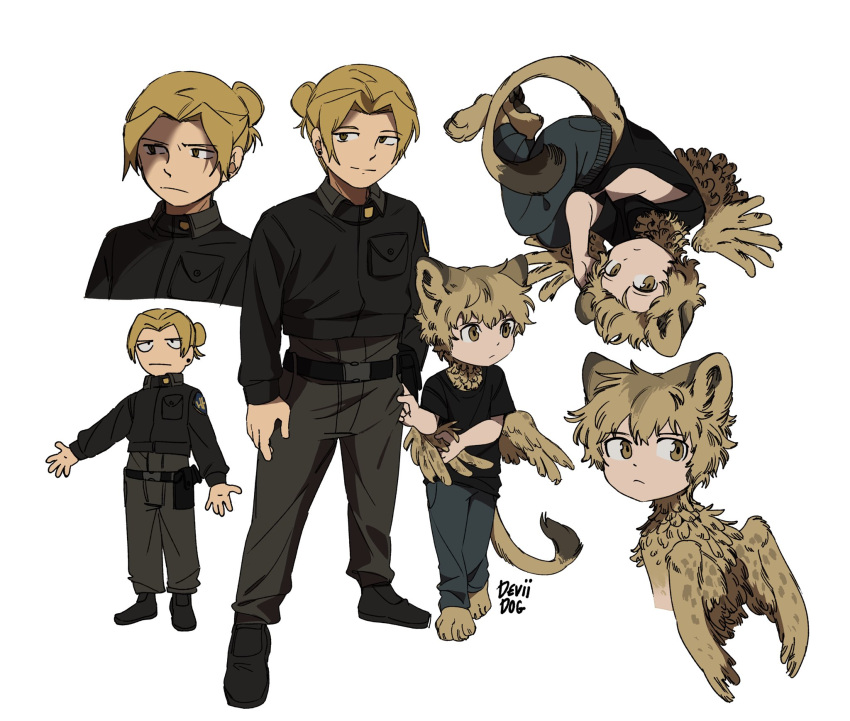 2boys animal_ears animal_hands artist_name black_jacket blonde_hair brown_eyes brown_feathers brown_fur brown_hair brown_pants brown_wings child closed_mouth collared_jacket commentary deviidog0 feathered_wings feathers full_body fur-tipped_tail hair_bun highres holding_hands jacket lion_boy lion_ears lion_tail long_sleeves looking_at_viewer lying male_focus monster_boy multiple_boys multiple_views on_side original pants short_hair simple_background single_hair_bun smile sphinx symbol-only_commentary tail white_background wings