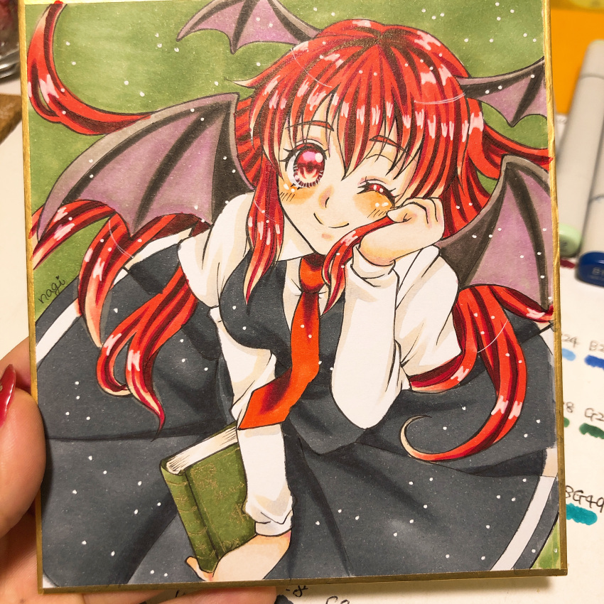 1girl absurdres ayanagi_honpo bat_wings black_skirt black_vest book breasts closed_mouth collared_shirt cowboy_shot green_background hair_between_eyes hand_on_own_cheek hand_on_own_face head_wings highres holding holding_book koakuma light_smile long_hair looking_at_viewer marker_(medium) medium_breasts necktie one_eye_closed photo_(medium) red_eyes red_hair red_necktie shirt simple_background skirt skirt_set solo touhou traditional_media vest white_shirt wings