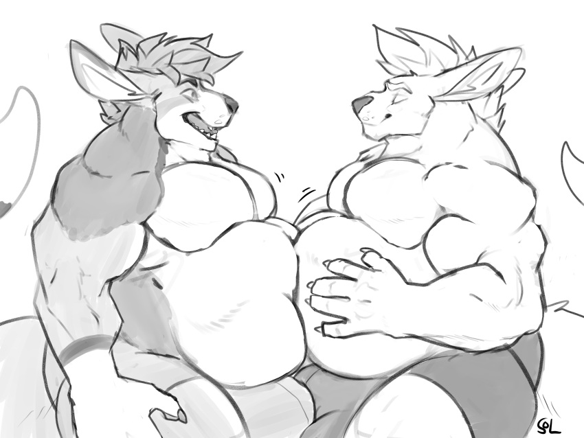 2024 4:3 absurd_res anthro belly biceps big_belly big_bulge biped bulge claws clothing digital_drawing_(artwork) digital_media_(artwork) eyebrows finger_claws fur greyscale hair hi_res huge_bulge humanoid_hands kangaroo macropod male male/male mammal marsupial monochrome musclegut muscular muscular_anthro muscular_male overweight overweight_anthro overweight_male pecs signature simple_background smile solaxe solaxe_(artist) solo underwear white_background