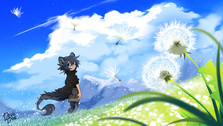 1boy animal_ears animal_feet artist_name black_jacket blue_eyes blue_hair blue_sky child closed_mouth cloud cloudy_sky dandelion deviidog0 dutch_angle english_commentary field flower flower_field full_body fur-tipped_tail grey_shorts high_collar highres jacket looking_at_viewer looking_back male_focus monster_boy mountainous_horizon original outdoors short-sleeved_jacket short_hair short_sleeves shorts sky solo spiked_tail standing tail wide_shot wind