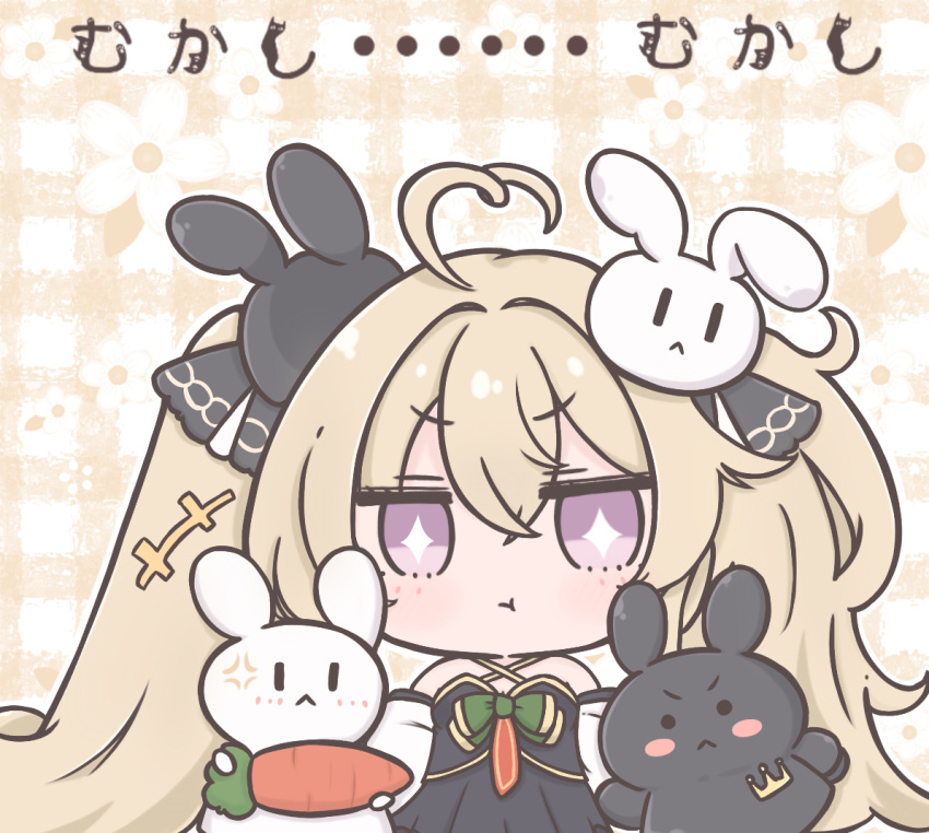 1girl :t ahoge attilio_regolo_(azur_lane) azur_lane bare_shoulders black_dress black_rabbit_(animal) black_ribbon blonde_hair carrot chibi chibi_only commentary dress english_commentary frilled_jacket frills futaba_(anti_clockwise) hair_between_eyes hair_ribbon heart heart_ahoge holding holding_carrot jacket long_hair looking_at_viewer nejikirio_(style) ribbon solo star-shaped_pupils star_(symbol) symbol-shaped_pupils twintails very_long_hair white_rabbit_(animal)