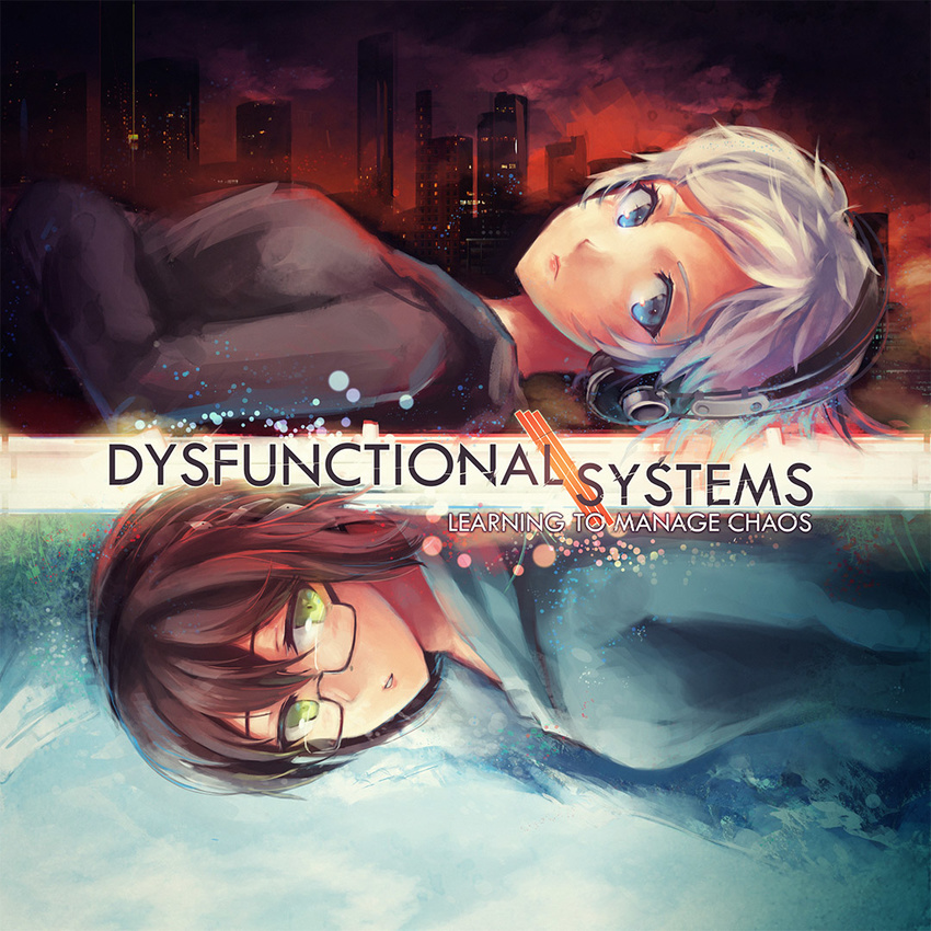 akg album_cover blue_eyes brown_hair cityscape copyright_name cover dysfunctional_systems english glasses green_eyes headphones multiple_girls saimon_ma semi-rimless_eyewear short_hair under-rim_eyewear v-moda waverly_ayre white_hair winter_harrison