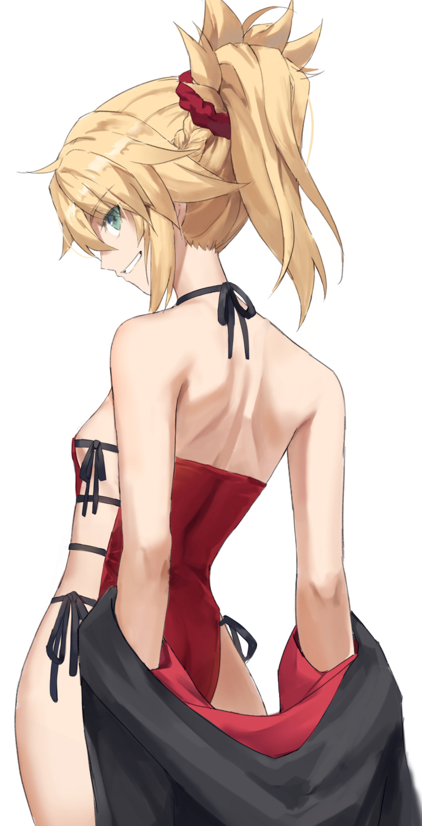 1girl back blonde_hair braid breasts fate/apocrypha fate_(series) french_braid green_eyes grin highres long_hair looking_at_viewer looking_back mordred_(fate) mordred_(fate/apocrypha) ponytail sidelocks small_breasts smile solo tonee