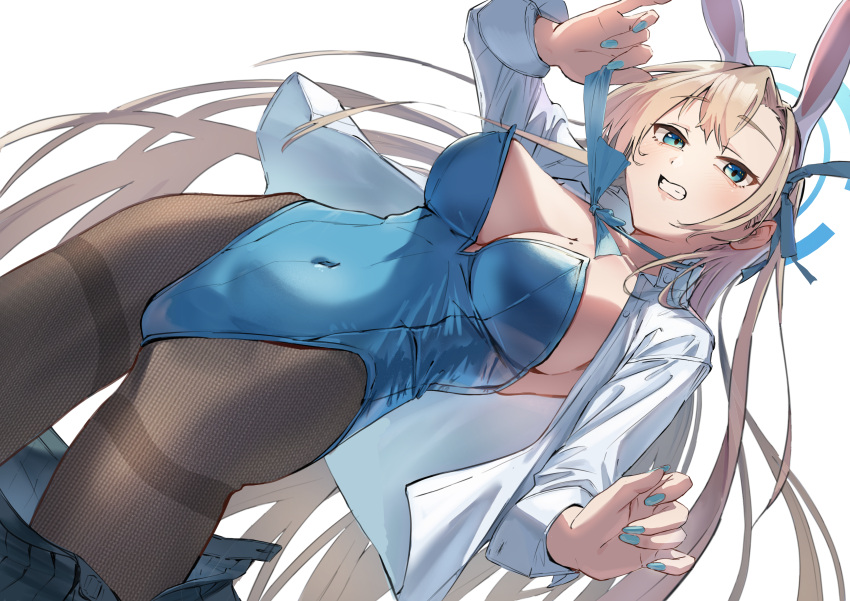 1girl absurdres animal_ears asuna_(blue_archive) bare_shoulders black_pantyhose blonde_hair blue_archive blue_bow blue_bowtie blue_eyes blue_leotard blue_nails blush bow bowtie breasts clothes_pull covered_navel fake_animal_ears hair_ribbon highleg highleg_leotard highres large_breasts leotard long_hair long_sleeves looking_at_viewer naka1379 official_alternate_costume open_clothes open_shirt pantyhose playboy_bunny pulled_by_self ribbon school_uniform skirt smile strapless strapless_leotard thighband_pantyhose traditional_bowtie undressing unworn_skirt very_long_hair white_background