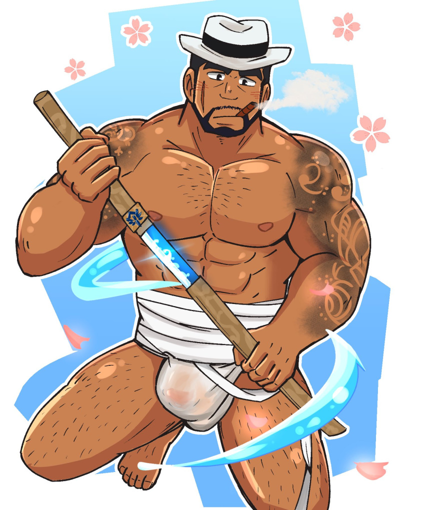 1boy abs arm_tattoo bara beard black_hair blush bulge cherry_blossoms chest_hair cigar crave_saga dark-skinned_male dark_skin drawing_sword facial_hair fedora fundoshi genki_(gen2_genki) glowing glowing_weapon hat highres holding holding_sword holding_weapon hydrokinesis japanese_clothes kyoetsu_(crave_saga) leg_hair male_focus male_underwear midriff_sarashi muscular muscular_male sarashi scar scar_on_face see-through_underwear smoking solo standing standing_on_one_leg sword tattoo thick_eyebrows underwear water weapon white_hat white_male_underwear yakuza