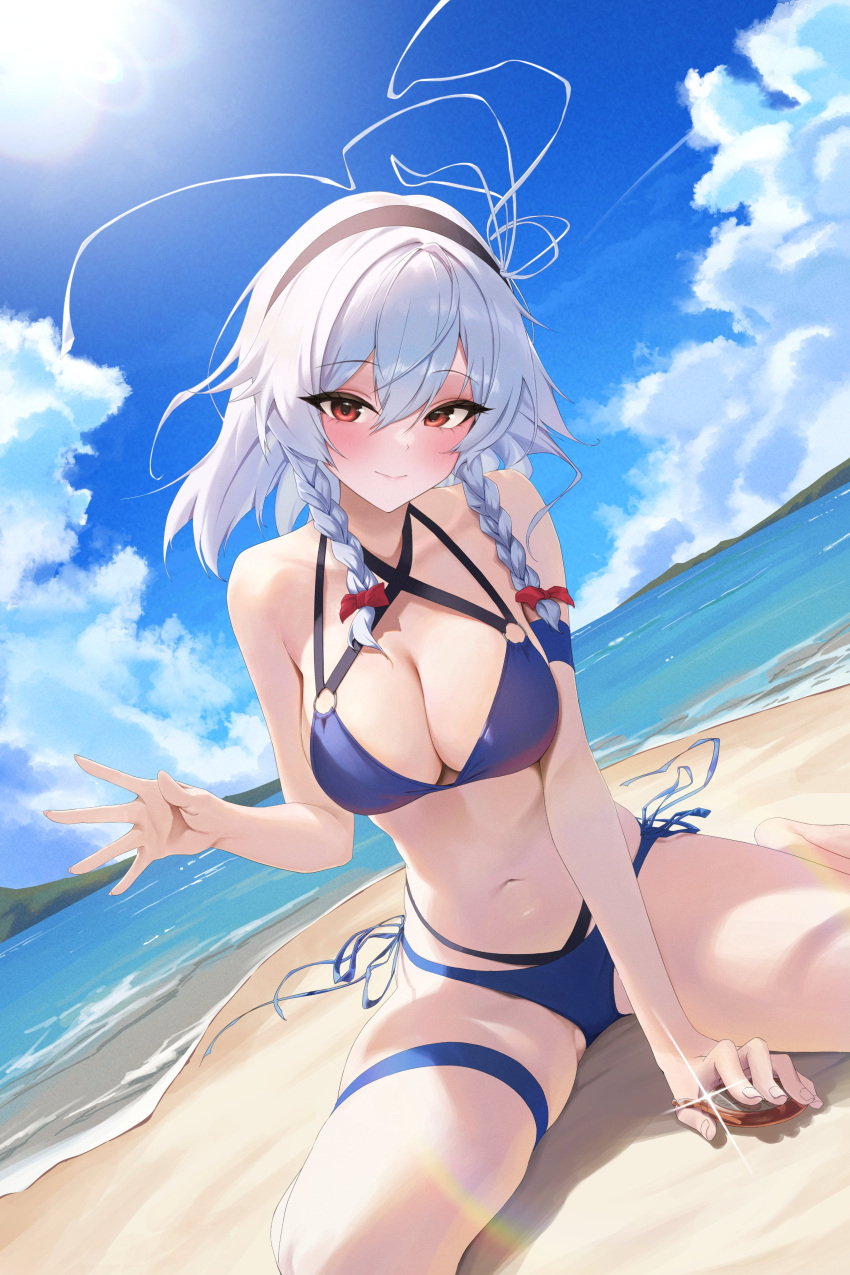 1girl absurdres alternate_costume bare_arms bare_shoulders barefoot bikini black_hairband blue_bikini blue_sky bow braided_sidelock breasts cleavage cloud cloudy_sky criss-cross_halter day hairband halterneck hand_up hashtag-only_commentary highres holding izayoi_sakuya large_breasts looking_at_viewer mountainous_horizon navel outdoors red_bow red_eyes rkin side-tie_bikini_bottom sitting sky solo sparkle sunlight swimsuit thigh_strap touhou wariza white_hair