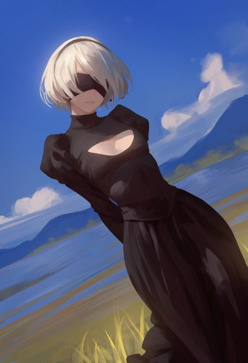 1girl 2b_(nier:automata) absurdres adapted_costume arms_behind_back black_blindfold black_dress black_hairband blindfold blue_sky breasts chinese_commentary cleavage_cutout closed_mouth clothing_cutout cloud commentary_request covered_eyes day dress dutch_angle facing_viewer feet_out_of_frame grey_hair hairband highres juliet_sleeves long_dress long_sleeves medium_hair nier:automata nier_(series) outdoors puffy_sleeves shadow sky small_breasts solo swept_bangs yao_liao_wang