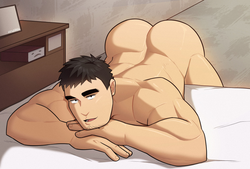 1boy ass bara black_hair completely_nude facial_hair goatee_stubble highres male_focus mature_male muscular muscular_male nude presenting presenting_ass second-party_source senpai_ga_uzai_kouhai_no_hanashi short_hair sideburns solo stubble takeda_harumi_(shiromanta) thick_eyebrows top-down_bottom-up vvulfbara