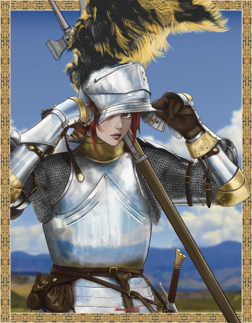 1girl armor blue_sky brown_eyes brown_gloves chainmail cloud gloves helmet highres knight leather leather_belt leather_gloves metal_gloves mountain nnnmengmeng original plate_armor plume pouch red_hair scar scar_on_face sky sweat sword upper_body war_hammer weapon