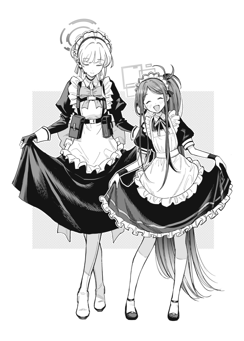 2girls ^_^ apron aris_(blue_archive) blue_archive blush bow bowtie chest_harness closed_eyes crossed_legs curtsey facing_viewer fingerless_gloves frilled_apron frills full_body gloves greyscale halo harness headset highres hiro_(chumo) juliet_sleeves long_hair long_sleeves maid maid_headdress monochrome multiple_girls neck_ribbon pantyhose puffy_short_sleeves puffy_sleeves ribbon short_sleeves sidelocks smile toki_(blue_archive) very_long_hair watson_cross wristband