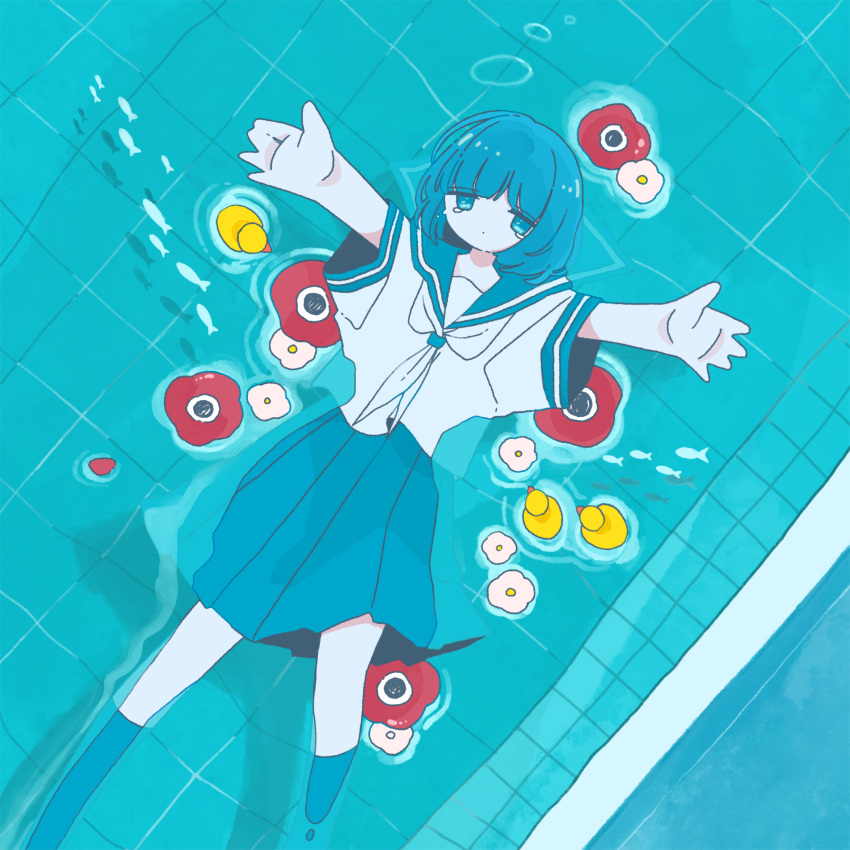 1girl absurdres afloat air_bubble anemone_(flower) blue_eyes blue_hair blue_sailor_collar blue_skirt blue_thighhighs bubble closed_mouth dot_mouth feet_out_of_frame fish flower from_above highres long_bangs looking_at_viewer medium_hair miniskirt neckerchief open_hands original outstretched_arms pleated_skirt pool reaching red_flower rubber_duck sailor_collar school_uniform serafuku shirt short_sleeves skirt solo sskitaco thighhighs water white_neckerchief white_shirt zettai_ryouiki