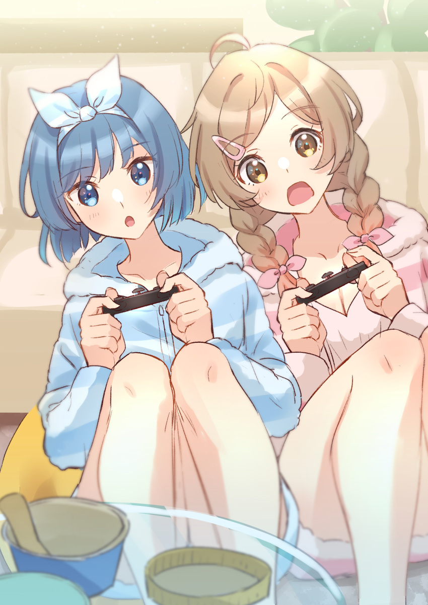 2girls :o absurdres alternate_costume alternate_hairstyle blue_eyes blue_hair blue_hoodie blue_shorts blurry blurry_foreground blush bow bow_hairband braid breasts brown_eyes brown_hair cevio cleavage commentary_request controller couch feet_out_of_frame game_controller glass_table hair_ornament hairband hairclip hands_up highres holding holding_controller holding_game_controller hood hood_down hoodie ice_cream_cup indoors joy-con leaning_to_the_side living_room long_hair long_sleeves looking_at_viewer low_twin_braids meteorite_(yurenlin8) multiple_girls on_floor open_mouth pink_hoodie pink_shorts playing_games satou_sasara short_hair short_shorts shorts side-by-side sitting striped_clothes striped_hoodie suzuki_tsudumi swept_bangs table twin_braids white_bow