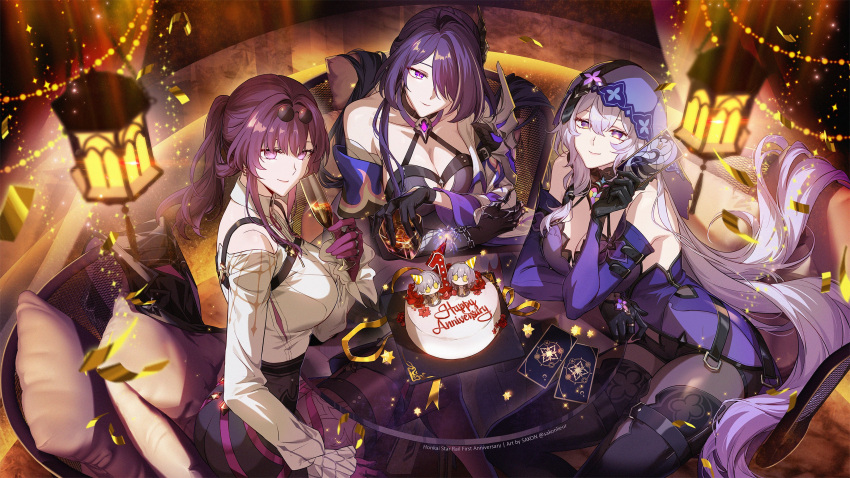 3girls absurdres acheron_(honkai:_star_rail) bare_shoulders black_gloves black_swan_(honkai:_star_rail) breasts caelus_(honkai:_star_rail) cake card cleavage commentary cup dress drinking_glass elbow_gloves eyewear_on_head food gloves hair_over_one_eye head_tilt highres holding holding_cup honkai:_star_rail honkai_(series) kafka_(honkai:_star_rail) large_breasts long_hair long_sleeves looking_at_viewer multiple_girls pantyhose pillow ponytail purple_dress purple_eyes purple_hair sakon04 shirt single_bare_shoulder sleeveless sleeveless_dress stelle_(honkai:_star_rail) sunglasses table trailblazer_(honkai:_star_rail) veil white_shirt