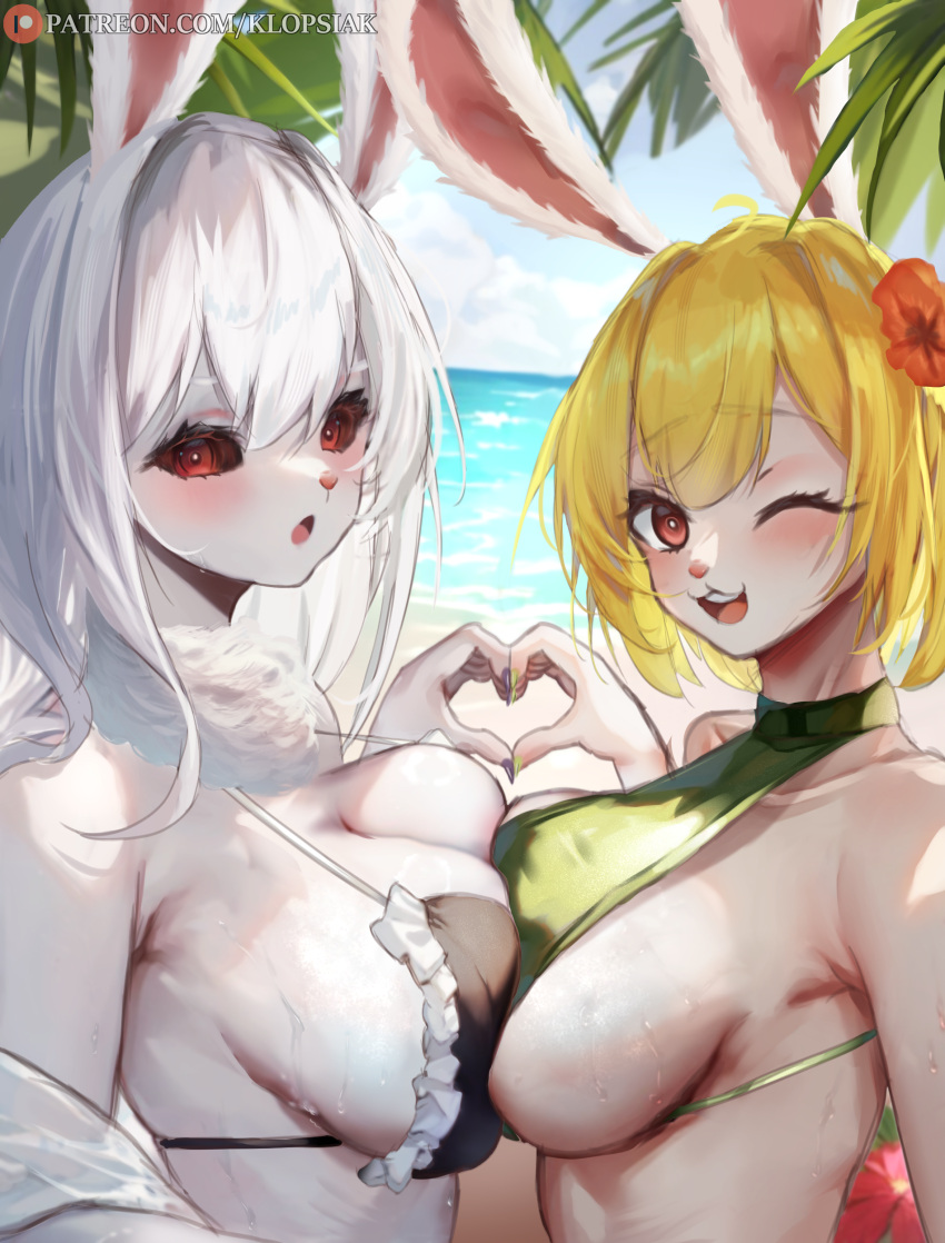 2girls absurdres beach bikini blonde_hair breast_press carrot_(one_piece) dual_persona fingernails flower frilled_bikini frills furry furry_female hair_flower hair_ornament heart heart_hands heart_hands_duo highres klopsiak long_fingernails multiple_girls one_piece rabbit_girl red_eyes sharp_fingernails smile sulong_form sweat swimsuit symmetrical_docking teeth upper_body upper_teeth_only very_sweaty white_hair