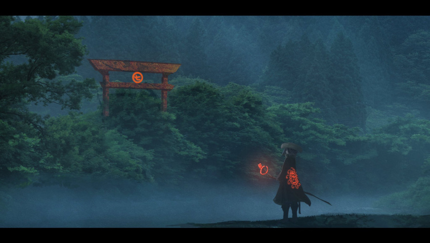 1other black_cape cape forest full_body highres holding holding_staff letterboxed mage_staff nature original outdoors scenery soraciel staff standing torii