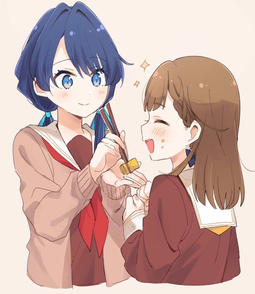 ^_^ blue_eyes blue_hair blue_ribbon bluesky021 blunt_bangs blush braid brown_background brown_cardigan brown_dress brown_hair cardigan chopsticks clenched_hands closed_eyes closed_mouth commentary cropped_torso dark_blue_hair dress feeding food food_on_face hair_ribbon hands_up hasu_no_sora_school_uniform highres holding holding_chopsticks kachimachi_kosuzu link!_like!_love_live! long_hair long_sleeves looking_at_another love_live! low_twintails murano_sayaka neckerchief omelet open_cardigan open_clothes open_mouth red_neckerchief ribbon sailor_collar sailor_dress school_uniform side_braids simple_background smile sparkle split_mouth straight_hair swept_bangs symbol-only_commentary tamagoyaki teeth twintails upper_teeth_only virtual_youtuber white_sailor_collar winter_uniform yellow_neckerchief