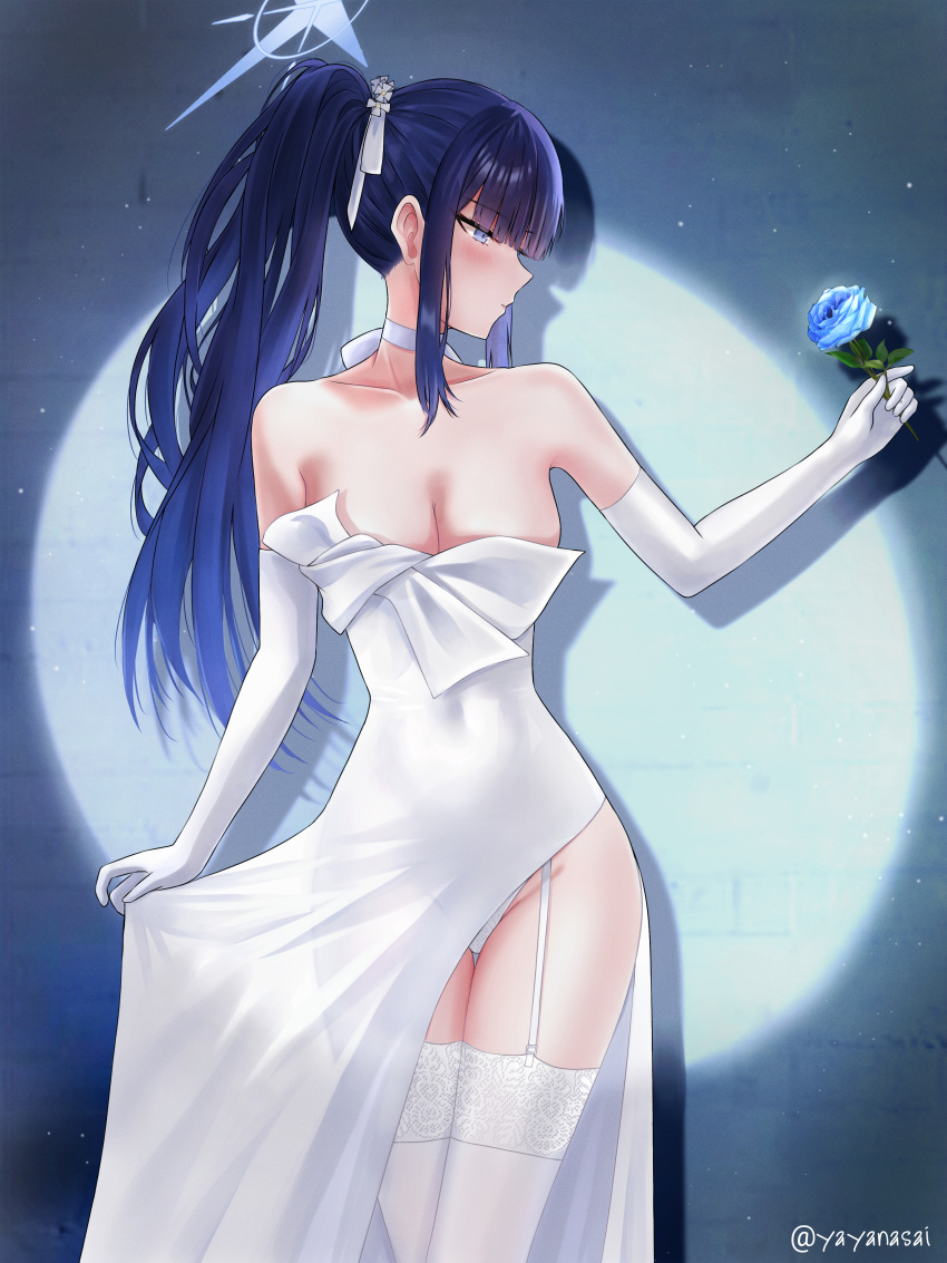 1girl absurdres bare_shoulders black_hair blue_archive blue_eyes blue_hair blush breasts dress elbow_gloves garter_straps gloves gradient_hair hair_ribbon halo highres large_breasts long_hair looking_to_the_side multicolored_hair panties ponytail ribbon saori_(blue_archive) saori_(dress)_(blue_archive) solo spotlight thighhighs thighs underwear white_dress white_gloves white_panties white_thighhighs yayanri