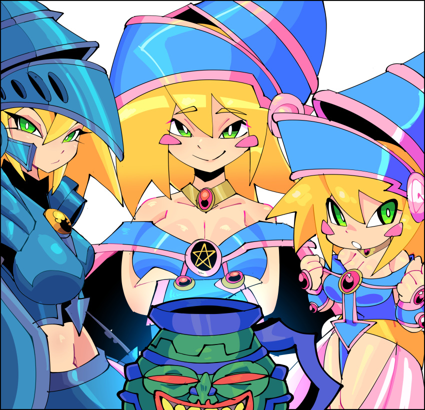 3girls absurdres blonde_hair blush_stickers breasts cleavage closed_mouth collarbone dark_magician_girl dark_magician_girl_the_dragon_knight duel_monster green_eyes highres jiansketch large_breasts long_hair looking_at_viewer multiple_girls pot_of_greed smile toon_dark_magician_girl yu-gi-oh!