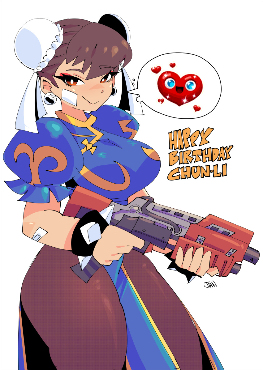 1girl absurdres black_pantyhose bracelet breasts bun_cover chun-li double_bun eyeshadow fortnite gun hair_bun happy_birthday heart highres holding holding_gun holding_weapon jewelry jiansketch large_breasts makeup pantyhose puffy_short_sleeves puffy_sleeves red_eyeshadow short_sleeves smile solo speech_bubble spiked_bracelet spikes spoken_heart street_fighter thick_thighs thighs weapon white_background