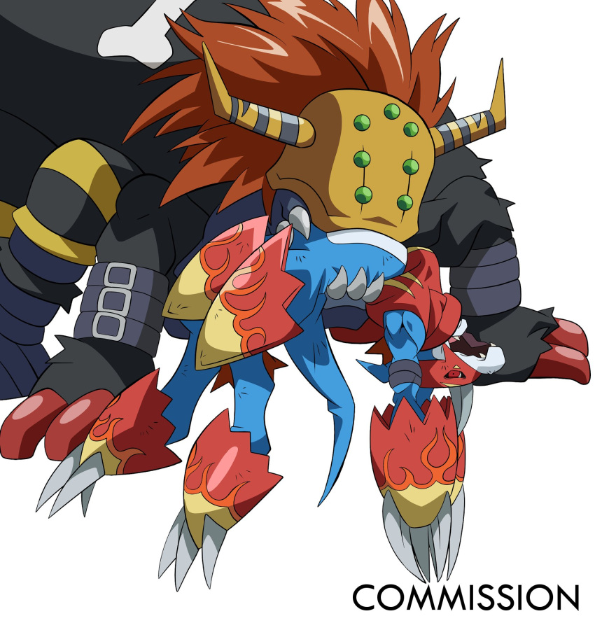 anthro arachnid armor arthropod bandai_namco blue_body claws clothing crop_top digimon digimon_(species) dokugumon duo feral flamedramon gauntlets gloves hair handwear headgear helmet hi_res in_jaws male officialseraphimon peril red_eyes red_hair scalie shirt spider topwear