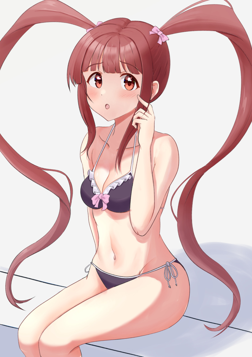 1girl absurdres bare_arms bare_legs bare_shoulders bikini black_bikini blunt_bangs blush breasts cleavage collarbone commentary_request dot_nose frilled_bikini frills hand_on_own_cheek hand_on_own_face highres idolmaster idolmaster_million_live! idolmaster_million_live!_theater_days long_hair looking_back matsuda_arisa medium_breasts navel parted_lips red_hair ribbon-trimmed_bikini side-tie_bikini_bottom sidelocks sitting solo swimsuit tanukiinu005 twintails very_long_hair wavy_hair