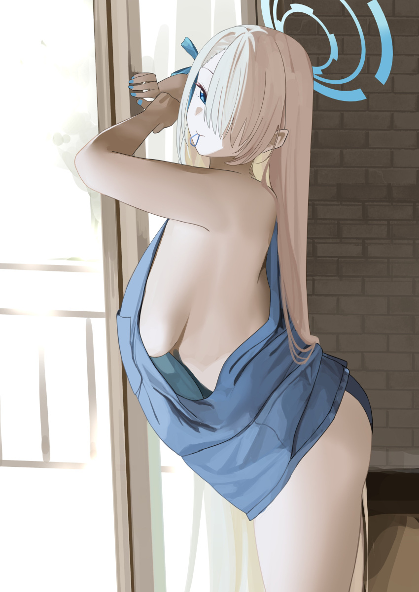 absurdres asuna_(blue_archive) asymmetrical_bangs balcony blonde_hair blue_archive blue_eyes blue_nails blue_shirt breasts breasts_squeezed_together commentary from_side hair_ornament hair_tie_in_mouth halo highres large_breasts long_hair mouth_hold oversized_clothes oversized_shirt shirt sideboob tnr_(horiko1525)
