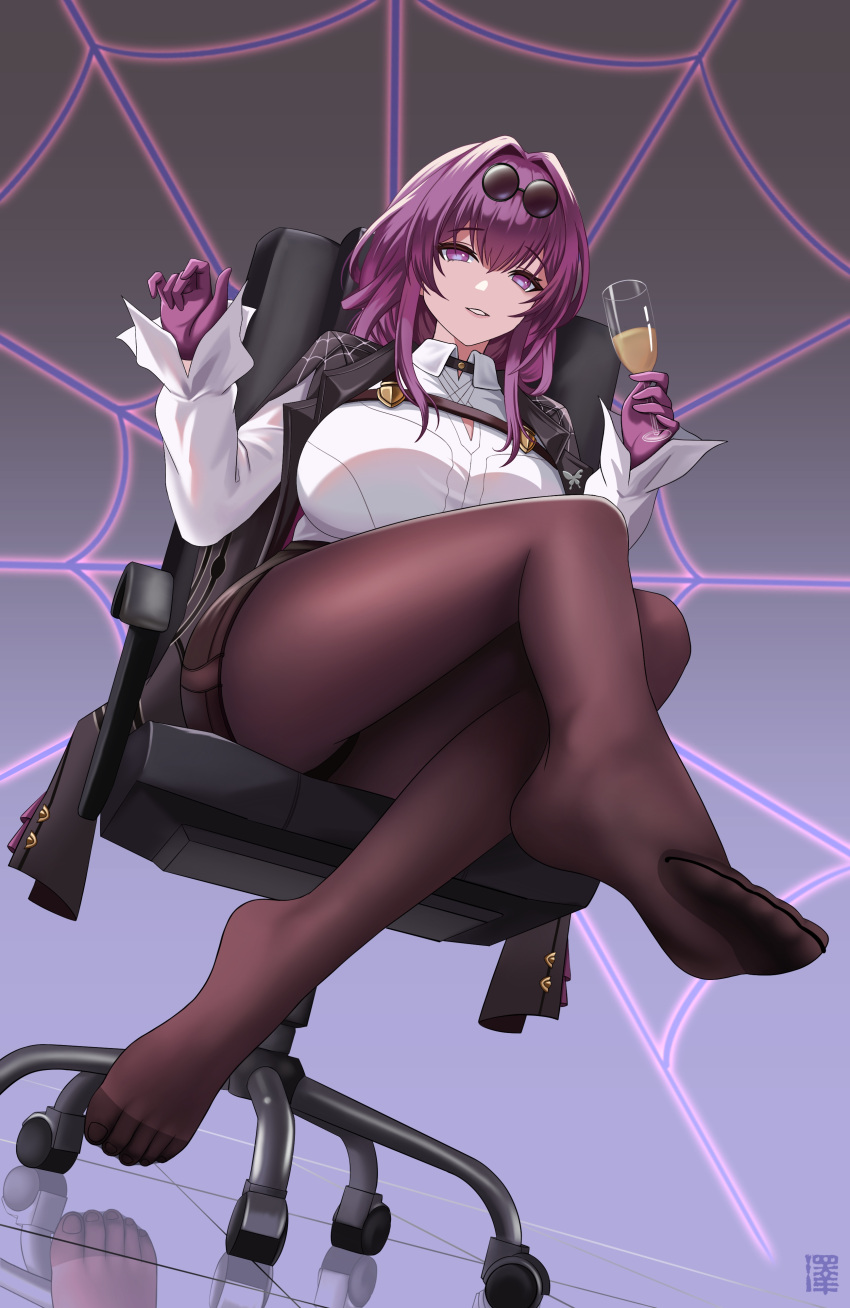 1girl absurdres black_coat breasts brown_pantyhose brown_skirt chair champagne_flute coat coat_on_shoulders collared_shirt cup drinking_glass eyewear_on_head foot_up gloves gradient_background hair_between_eyes hair_intakes hand_up highres holding holding_cup honkai:_star_rail honkai_(series) kafka_(honkai:_star_rail) large_breasts legs long_hair looking_at_viewer no_shoes office_chair on_chair pantyhose parted_lips pencil_skirt purple_background purple_eyes purple_gloves purple_hair reflective_floor round_eyewear shirt sidelocks silk simple_background sitting skirt spider_web spider_web_print sunglasses swivel_chair teeth white_shirt zekong_pioneer