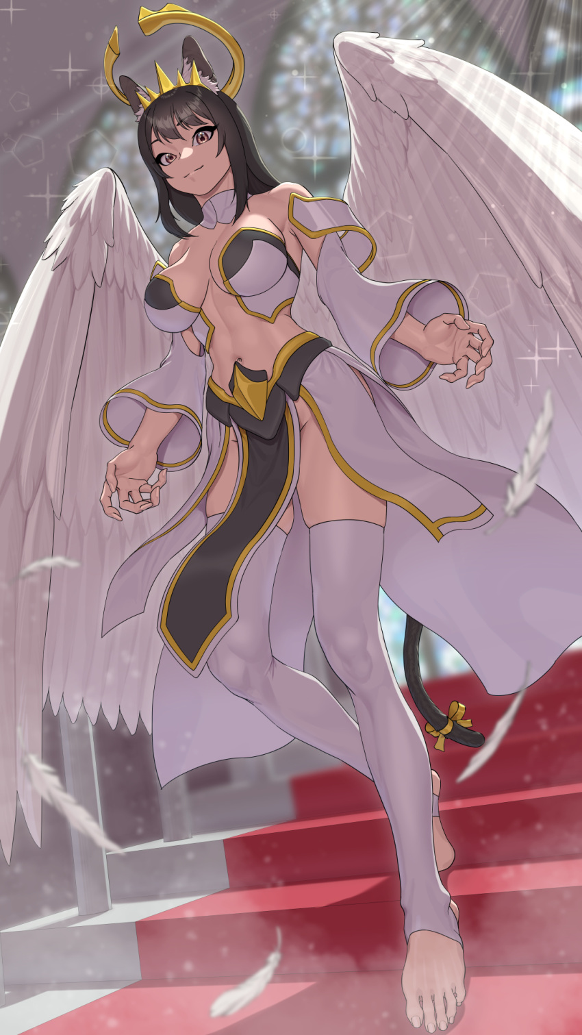 1girl angel angel_wings animal_ears arms_at_sides black_hair black_loincloth breasts breasts_apart brown_eyes cat_ears cat_tail church claw_pose dust english_commentary feathered_wings feathers feet highres indoors loincloth long_bangs long_eyelashes long_hair long_toenails looking_at_viewer lyoung0j midriff navel no_pants original puffy_sleeves revealing_clothes ribbon skindentation skirt smile solo stained_glass stairs stirrup_legwear tail tail_ornament tail_ribbon thick_thighs thighhighs thighs toeless_legwear toenails toes toned white_feathers white_skirt white_thighhighs wings yellow_ribbon