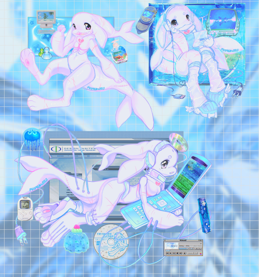 2000s_theme absurd_res ambient_sealife anthro cd cellphone clothing cnidarian computer computer_keyboard electronics female feral fish flip_phone footwear frutiger_aero halo hatsune_miku headphones hi_res jellyfish kemono leg_warmers legwear maimedw0lf marine medusozoan nintendo nintendo_ds_family paws phone plug scar shark shoes sitting solo star teeth television vocaloid white_body wire y2k_(graphic_design)