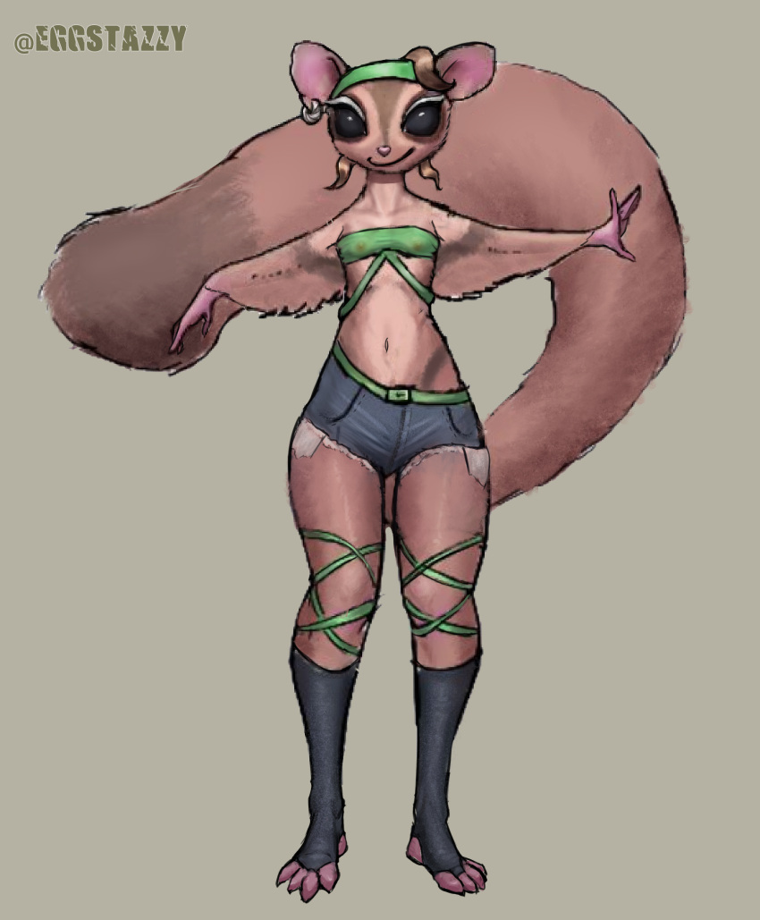 anthro australian_possum bottomwear clothing ear_piercing eggstazzy female hi_res hotpants long_tail mammal marsupial minishorts no_pupils petaurid piercing shorts solo standing sugar_glider tail