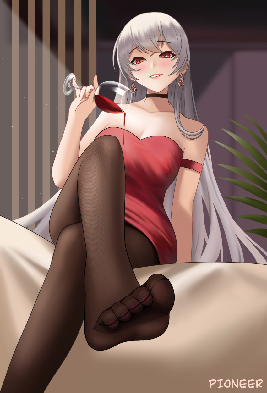 1girl absurdres alcohol arm_strap arm_support bed_sheet black_choker breasts brown_pantyhose choker cleavage collarbone crazy_ones crossed_bangs crossed_legs cup curtains dress earrings feet foot_focus foot_up gold_earrings grey_hair hair_between_eyes highres holding holding_cup jewelry legs light_blush light_particles light_rays long_hair looking_at_viewer no_shoes on_bed pantyhose parted_lips pink_lips pouring pouring_onto_self raised_eyebrows red_dress red_eyes red_wine short_dress sitting smile strapless strapless_dress sunbeam sunlight teeth very_long_hair wine xia_bing_(crazy_ones) zekong_pioneer
