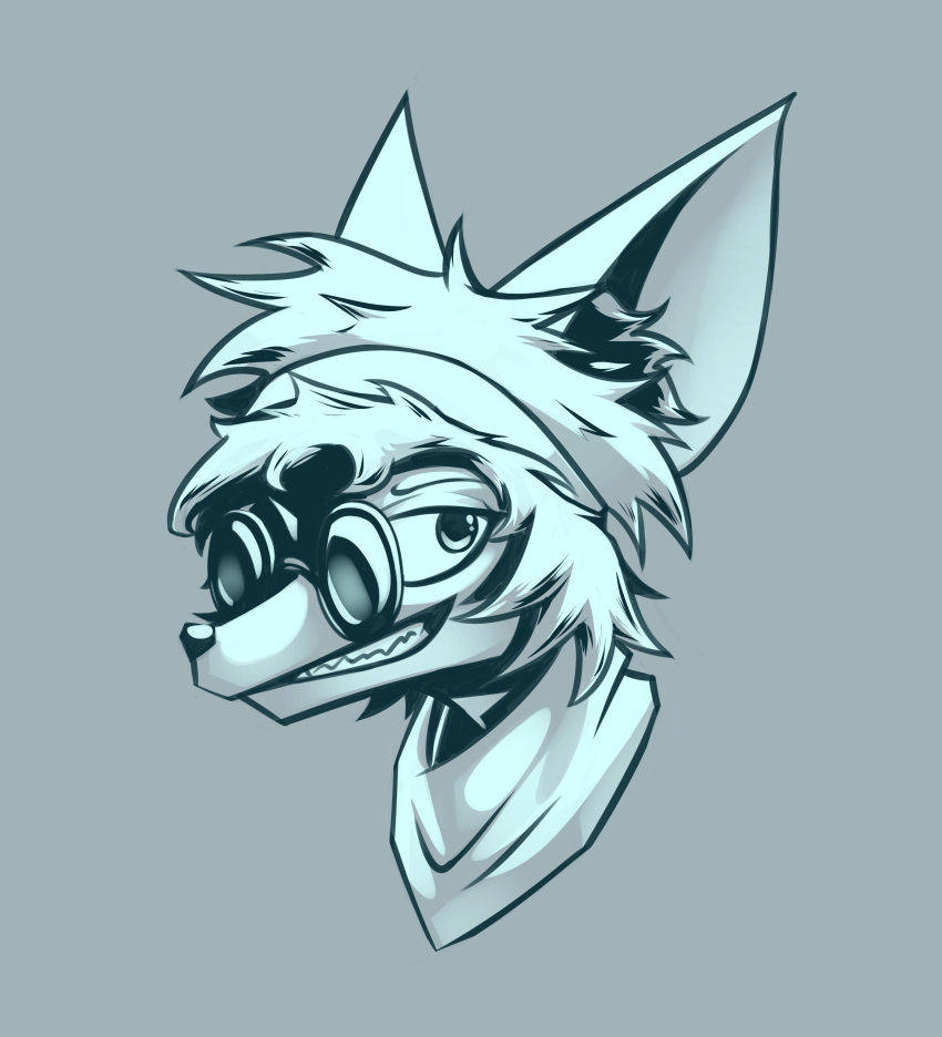 absurd_res anthro bandanna canid canine eyewear female fox gatonejo glasses hair headshot_portrait hi_res icon kerchief krolic_(gatonejo) looking_at_viewer mammal messy_hair monochrome portrait short_hair smile smug smug_face solo teeth