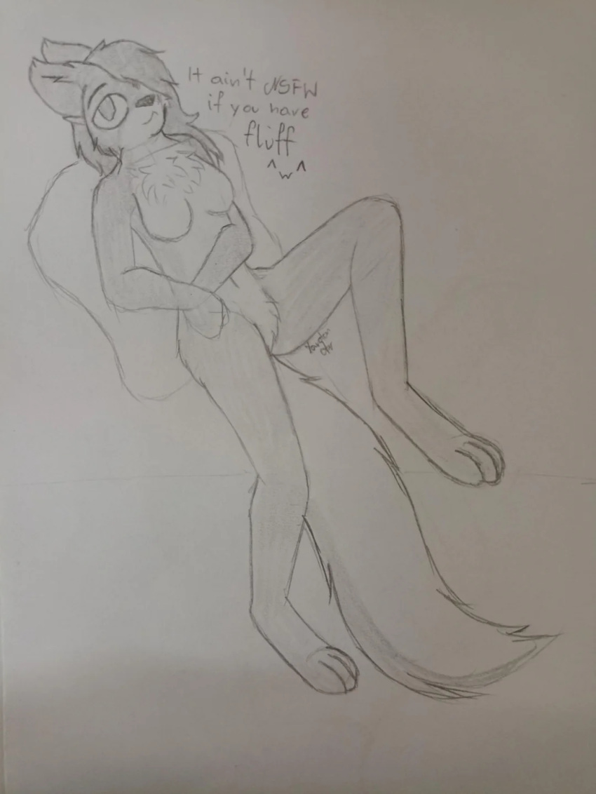 adyjuni anthro breasts digitigrade featureless_breasts featureless_crotch female fluffy fur grey_body grey_fur hi_res kona_biralla lying nude on_back pillow smug_face solo text traditional_media_(artwork) tuft yaveton