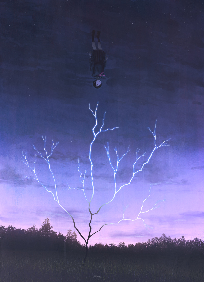 1girl absurdres black_eyes black_hair black_serafuku black_socks commentary forest fracoco highres lightning medium_skirt nature night night_sky original purple_sky school_uniform serafuku short_hair signature skirt sky socks solo star_(sky) surreal tree upside-down