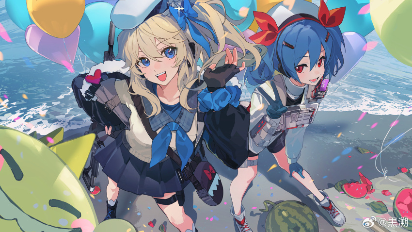 2girls bag balloon beret bike_shorts black_footwear black_gloves black_skirt blonde_hair blue_bow blue_eyes blue_gloves blue_hair boots bow chinese_commentary colphne_(girls'_frontline_2) commentary_request fingerless_gloves food fruit full_body fur-trimmed_jacket fur_trim girls'_frontline girls'_frontline_2:_exilium gloves hair_bow hair_ornament hairpin hand_on_own_hip hand_on_own_leg hand_up hat heart_balloon highres jacket kurohush latex latex_gloves looking_at_viewer multiple_girls one_side_up open_clothes open_jacket open_mouth pleated_skirt red_eyes skirt smile socks teeth twintails v vepley_(girls'_frontline_2) vepr-12 water watermelon white_footwear white_socks