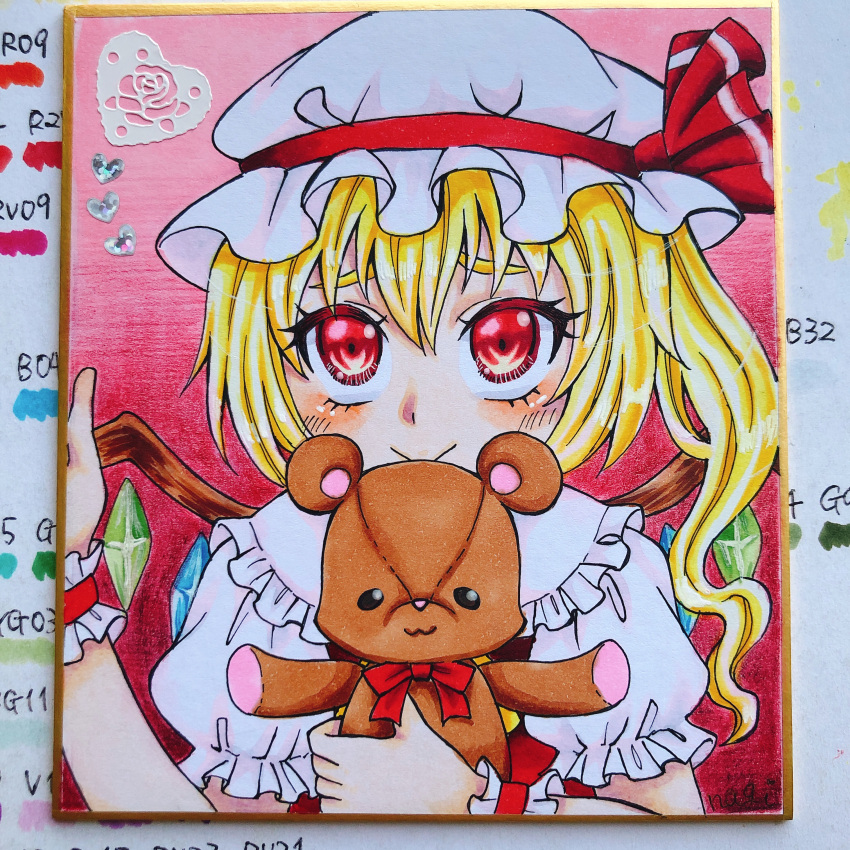 1girl absurdres ascot ayanagi_honpo blonde_hair closed_mouth crystal flandre_scarlet gradient_background hair_between_eyes hat hat_ribbon highres holding holding_stuffed_toy looking_at_viewer marker_(medium) medium_hair mob_cap multicolored_wings one_side_up photo_(medium) pink_background puffy_short_sleeves puffy_sleeves red_background red_eyes red_ribbon red_vest ribbon shikishi shirt short_sleeves solo stuffed_animal stuffed_toy teddy_bear touhou traditional_media upper_body vest white_hat white_shirt wings wrist_cuffs yellow_ascot