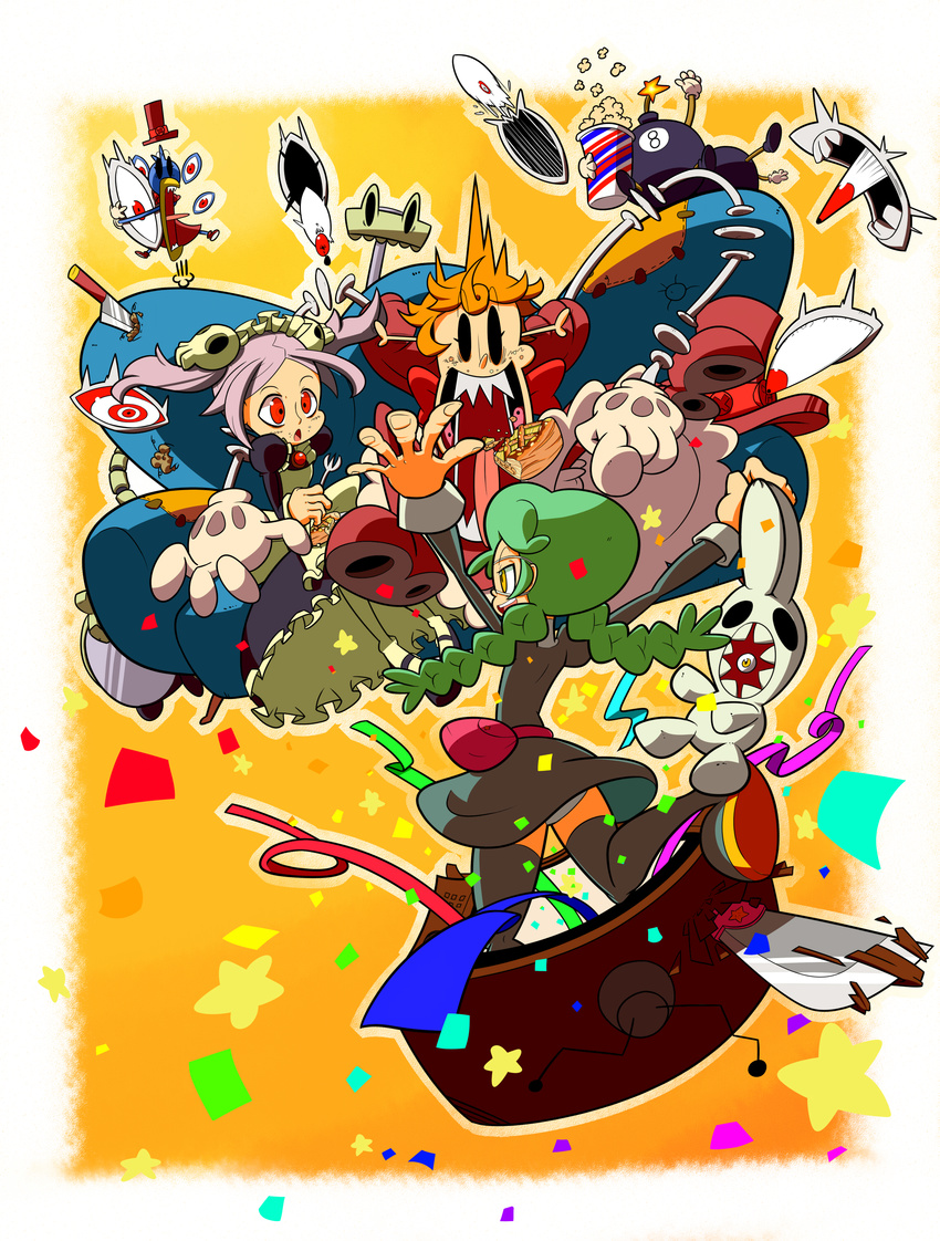 absurdres annie_(skullgirls) avery_(skullgirls) bloody_marie_(skullgirls) couch food george_the_bomb gloves green_hair hat highres knife kuchibashi_(9180) mechanical_arms multiple_girls orange_hair peacock_(skullgirls) pizza pointing popcorn red_eyes skullgirls television top_hat white_hair