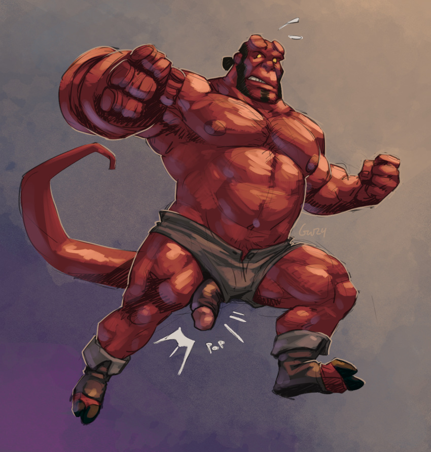 barazoku beard biceps big_penis broken_horn captaingerbear clothed clothing demon facial_hair genitals hellboy hellboy_(character) hellboy_(series) hi_res hooves horn humanoid male nipples pecs penis penis_through_leghole poking_out red_body solo surprise topless wardrobe_malfunction