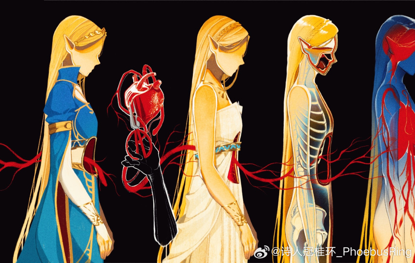 1girl armlet black_background blonde_hair blue_cape blue_sleeves blue_tunic braid cape chinese_commentary collared_tunic commentary_request crown_braid disembodied_limb dress faceless faceless_female fingernails from_side gold_bracelet gold_necklace gold_trim heart_(organ) high_collar highres holding holding_scissors hole_in_stomach jewelry layered_sleeves long_hair long_sleeves multiple_views necklace phoebus_ring pointy_ears princess_zelda scissors short_over_long_sleeves short_sleeves simple_background skeleton sleeve_garter sleeves_past_wrists straight_hair strapless strapless_dress the_legend_of_zelda the_legend_of_zelda:_breath_of_the_wild veins very_long_hair weibo_watermark white_dress white_sleeves