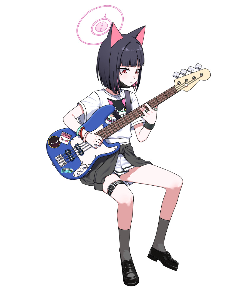 1girl animal_ears artpatient bass_guitar belt black_cardigan black_hair blue_archive bracelet cardigan cardigan_around_waist cat_ears clothes_around_waist colored_inner_hair commentary full_body grey_socks halo highres instrument invisible_chair jewelry kazusa_(band)_(blue_archive) kazusa_(blue_archive) kneehighs logo miniskirt multicolored_hair official_alternate_costume pink_hair playing_bass pleated_skirt ring shirt short_hair short_sleeves simple_background sitting skirt socks solo thigh_belt thigh_strap two-tone_hair white_background white_shirt white_skirt