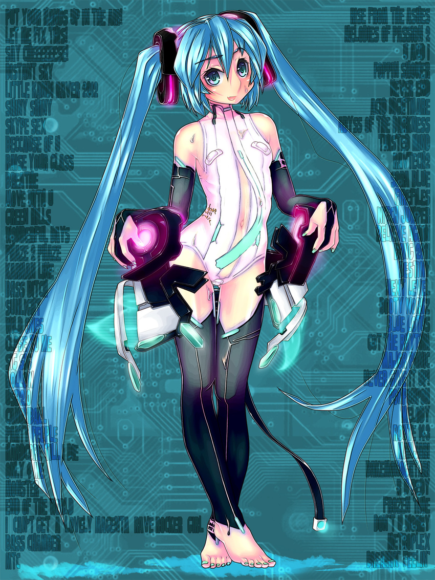 aqua_eyes aqua_hair bandaid bandaid_on_pussy bandaids_on_nipples barefoot bodypaint elbow_gloves feet fingerless_gloves gloves hatsune_miku hatsune_miku_(append) highres long_hair nail_polish naked_paint navel nude open_mouth painted_clothes pasties raplus solo standing thighhighs toeless_legwear toenail_polish toes twintails very_long_hair vocaloid vocaloid_append