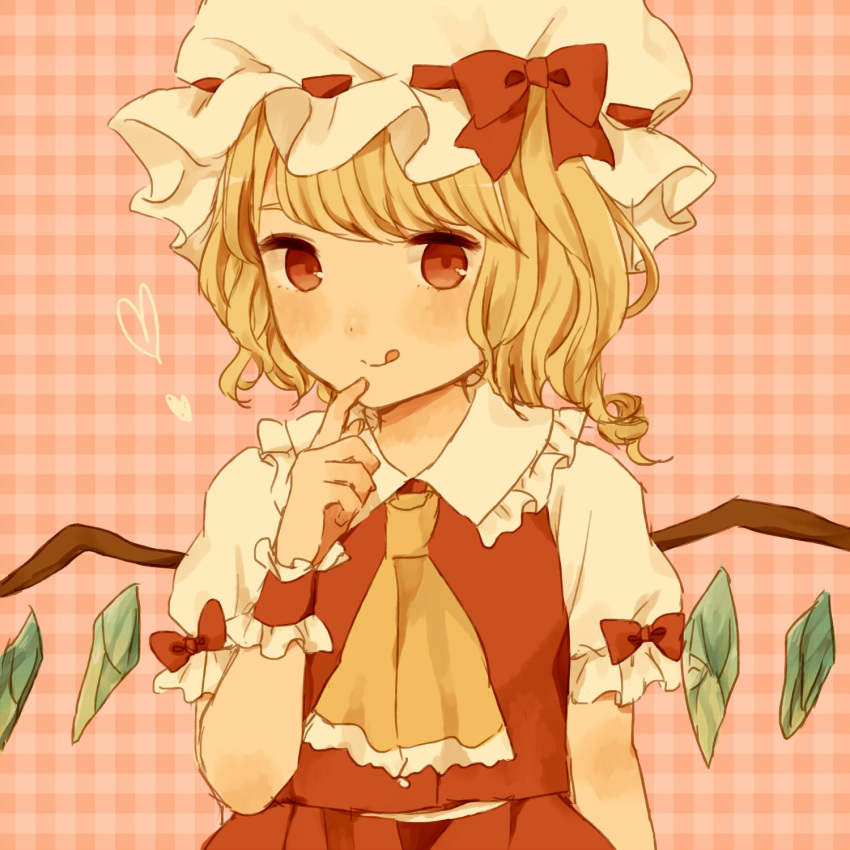 1girl :q ascot blonde_hair bow closed_mouth collared_shirt commentary cowboy_shot crystal finger_to_mouth flandre_scarlet frilled_ascot frilled_shirt_collar frills hat hat_ribbon heart highres ichigo_(ichigoxxusagi) looking_at_viewer mob_cap one_side_up pink_background plaid plaid_background puffy_short_sleeves puffy_sleeves red_bow red_eyes red_ribbon red_skirt ribbon ribbon-trimmed_headwear ribbon_trim sepia shirt short_sleeves simple_background skirt skirt_set sleeve_bow solo symbol-only_commentary tongue tongue_out touhou white_hat white_shirt wings wrist_cuffs yellow_ascot