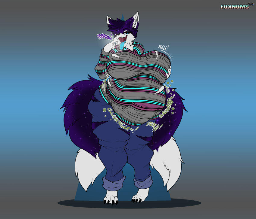 2024 2_tails absurd_res anthro anthro_pred belly big_belly big_breasts bottomwear bouncing_breasts breasts canid canine clothed clothing colored denim denim_bottomwear denim_clothing digestion digital_media_(artwork) dipstick_tail female female_pred fox foxynoms fully_clothed fur gloves_(marking) hi_res hoodie jeans leg_markings looking_at_viewer mammal markings multi_tail onomatopoeia open_mouth pants rumbling_stomach simple_background smile socks_(marking) solo sound_effects standing tail tail_markings tanti text tongue tongue_out topwear torn_clothing vore weight_gain white_body white_fur