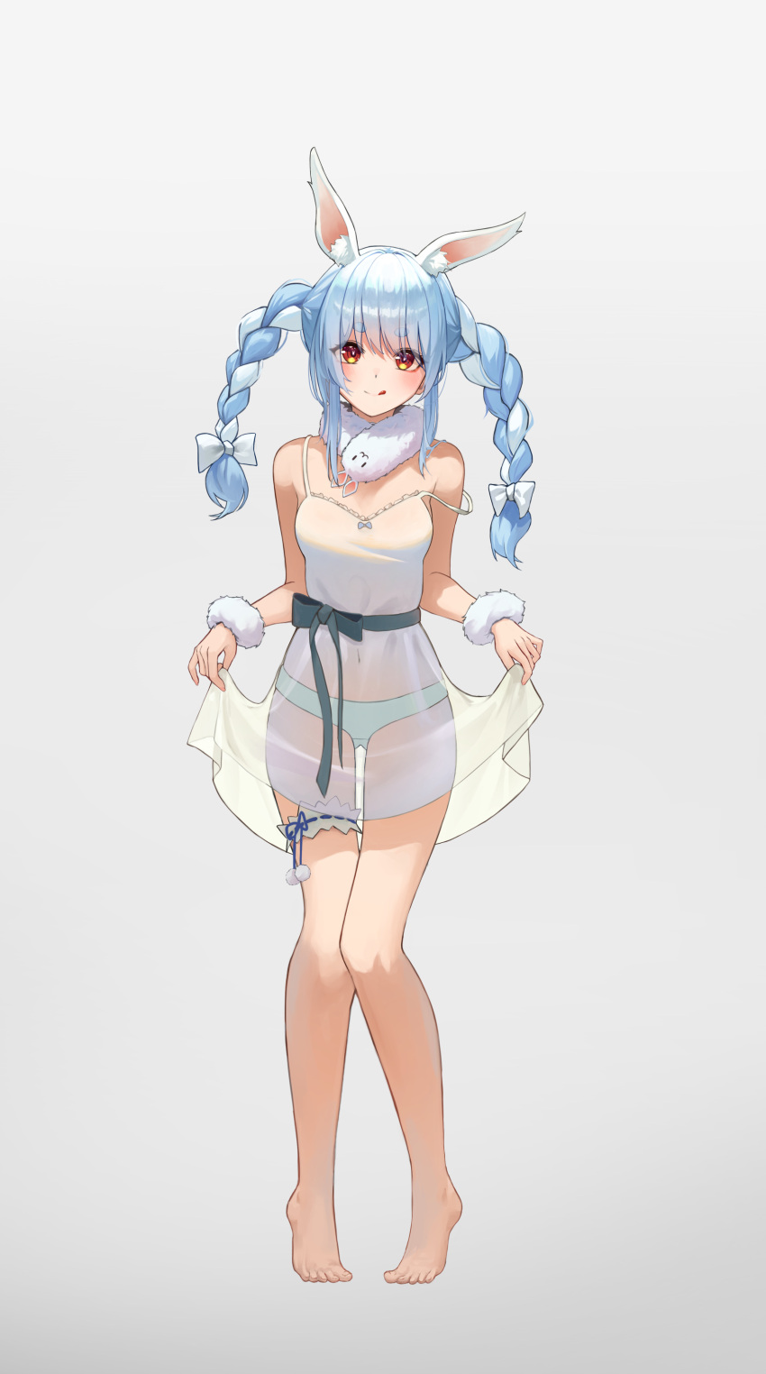 1girl :q absurdres alternate_costume animal_ear_fluff animal_ears ass_visible_through_thighs barefoot blue_hair blush bow braid breasts curtsey don-chan_(usada_pekora) dress full_body fur_cuffs grey_background hair_bow highres hololive isolatediev knees_together_feet_apart legs long_hair looking_at_viewer medium_breasts multicolored_hair panties rabbit_ears rabbit_girl red_eyes see-through see-through_dress simple_background solo standing thigh_gap thigh_strap tiptoes toenails toes tongue tongue_out twin_braids two-tone_hair underwear usada_pekora virtual_youtuber white_bow white_dress white_hair white_panties