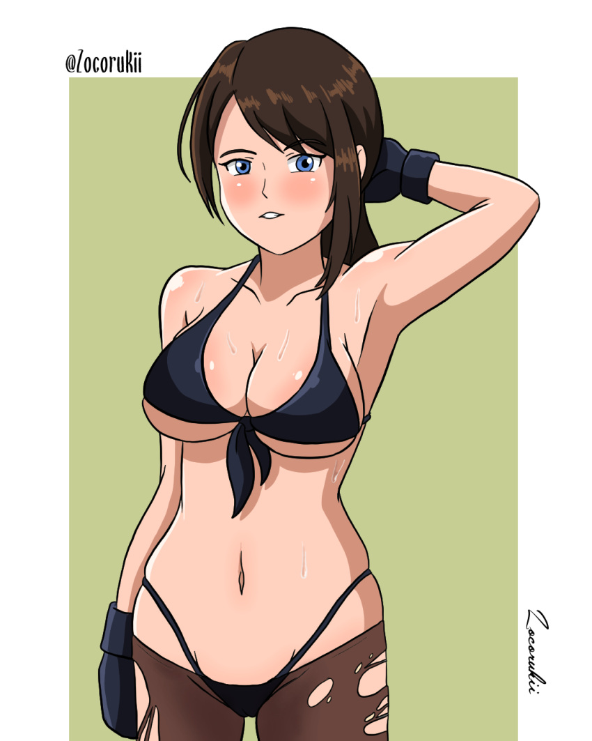 1girl bikini breasts cosplay front-tie_bikini_top front-tie_top gloves gun highres holster large_breasts metal_gear_(series) metal_gear_solid metal_gear_solid_v:_the_phantom_pain navel non-web_source ponytail quiet_(metal_gear) quiet_(metal_gear)_(cosplay) rifle sniper_rifle solo swimsuit thigh_holster torn_clothes venom_snake weapon