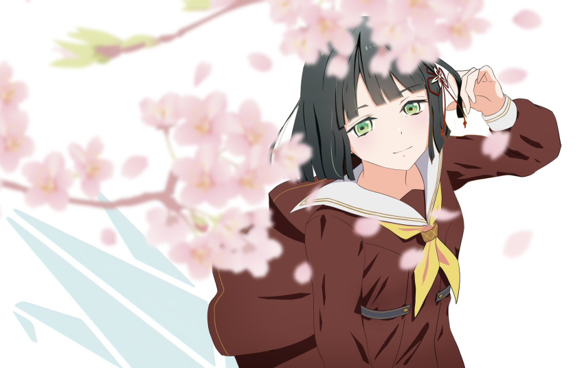 1girl black_hair blunt_bangs blunt_ends blurry blurry_foreground brown_dress cherry_blossoms closed_mouth dam_(kidam6) dress falling_petals flower flower_knot from_above green_eyes hair_flower hair_ornament hasu_no_sora_school_uniform highres holding holding_hair light_smile link!_like!_love_live! logo long_sleeves looking_at_viewer love_live! medium_dress momose_ginko neckerchief petals pleated_dress sailor_collar sailor_dress school_uniform short_hair solo virtual_youtuber white_background white_sailor_collar winter_uniform yellow_neckerchief