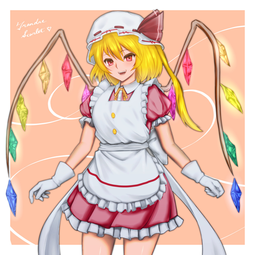 1girl absurdres alternate_costume apron back_bow blonde_hair bow brown_background character_name collared_shirt cowboy_shot crystal dress enmaided flandre_scarlet flandre_scarlet_(devilish_helper) frilled_apron frilled_dress frilled_sleeves frills glowing glowing_wings hat head_tilt highres large_bow looking_at_viewer maid maid_apron mattyakinako_(odango_imomushi) medium_hair mob_cap multicolored_wings neck_ribbon one_side_up open_mouth red_dress red_eyes ribbon ribbon-trimmed_headwear ribbon_trim shirt simple_background solo teeth touhou touhou_lostword white_apron white_bow white_hat wings yellow_ribbon