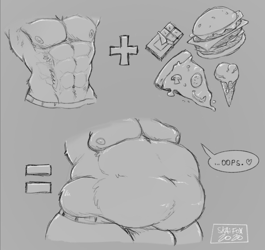 2020 abs ambiguous_species anthro belly belly_focus burger candy chocolate dessert faceless_character faceless_male food grey_background heart_symbol hi_res ice_cream love_handles male mammal monochrome muscular navel nipples overweight pecs pizza signature simple_background skaifox solo speech_bubble weight_gain