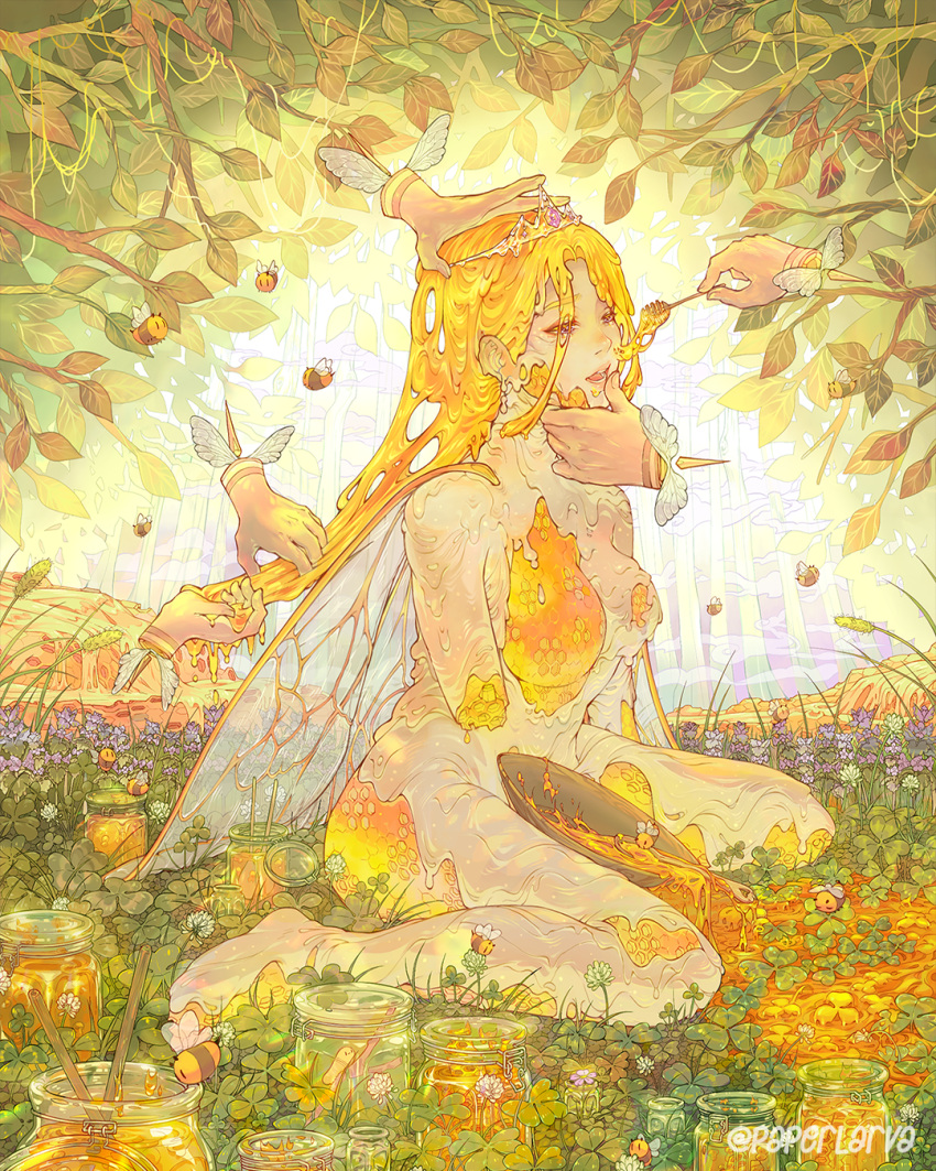 1girl artist_name bee blonde_hair breasts bug flower full_body highres honey honeycomb_(object) insect_wings jar leaf liquid_hair medium_breasts nude open_mouth original paperlarva plant purple_flower smile solo surreal tiara tree white_flower wings